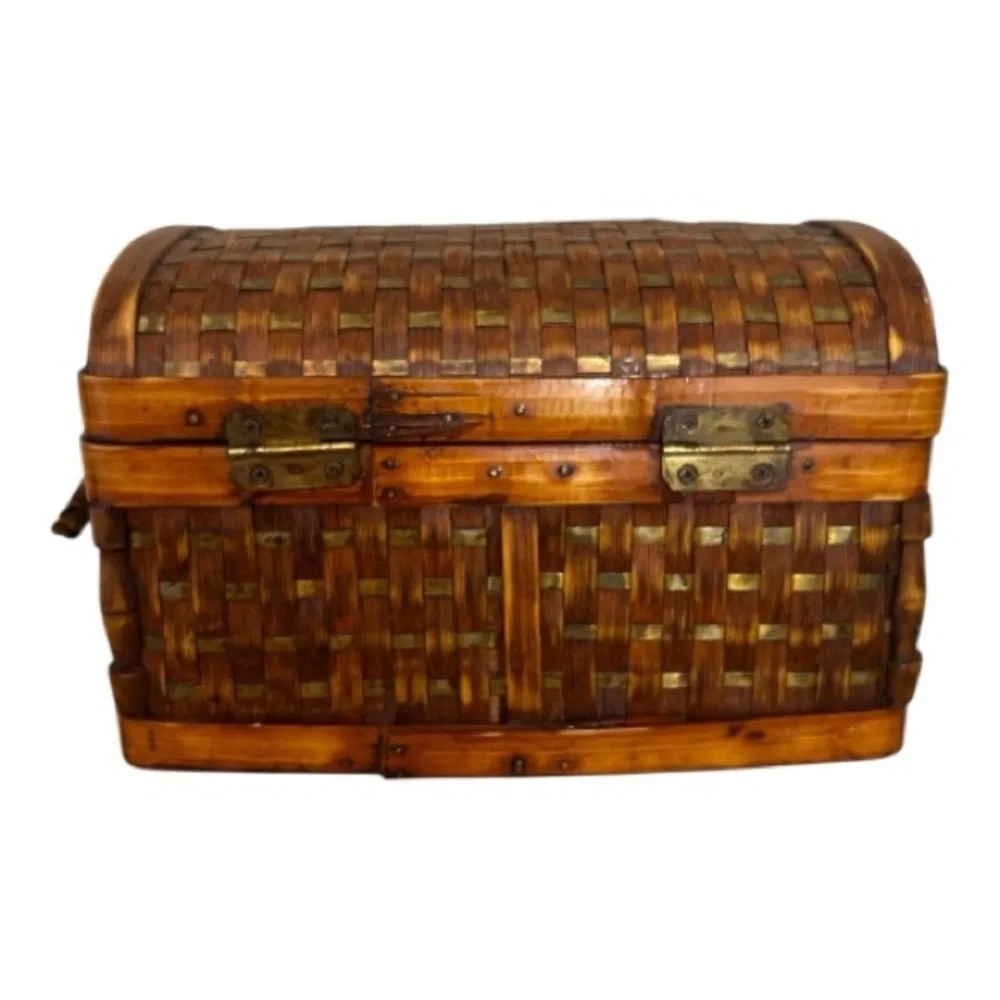 Vintage Woven Rattan Bamboo And Wood Treasure Chest Aged Brass Closure